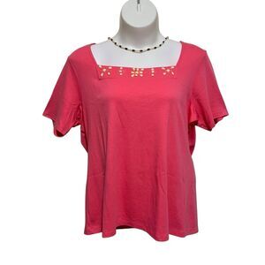 Coral Bay Top Womens Size 1X Pink Short Sleeve Beaded Embellished Stretch Knit